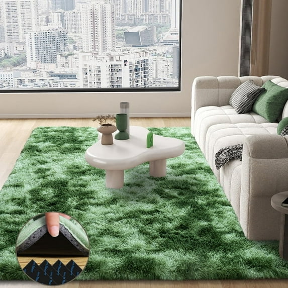 rugs 9x12ft Large Fluffy Area Rugs for Bedroom,Independence Day Father's Day Gifts Decora Soft Carpet Shag Kids Rug with Non-Slip Stickers Rug Pads Living Room Bedroom Tie-Dye Dark Green