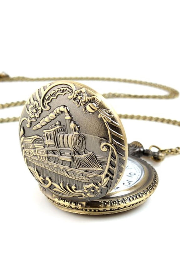 2Pcs Pocket Watch,Unisex Case Vintage Brass Rib Chain Train Pattern Quartz Pocket Watch