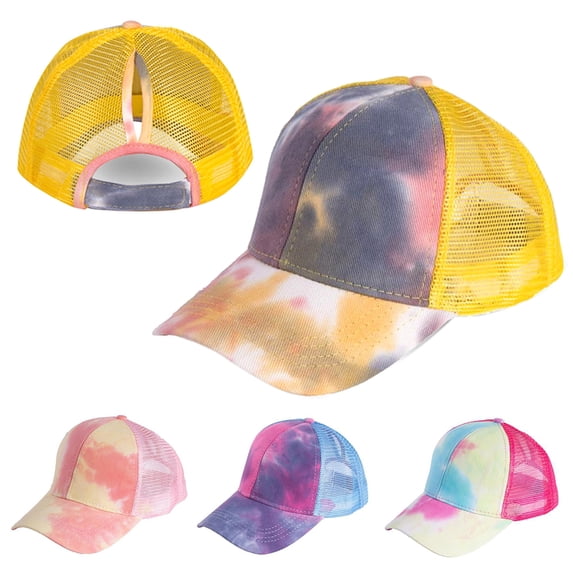 ruhuadgb Outdoor Women Tie Dye Anti Sun Adjustable Cotton Baseball Cap Mesh Ponytail Hat