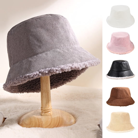 ruhuadgb Winter Bucket Hat Cozy Faux Lambswool Double-sided Reversible Thickened Fleece Solid Color Keep Warm Fisherman Hat
