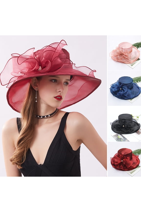 Women Church Cap Wide Brim Cloth Flower Temperament Foldable Rhinestones Buckle Hat for Wedding