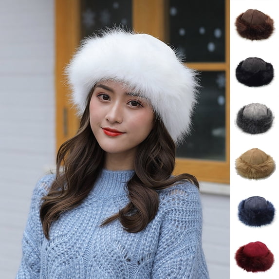 ruhuadgb Women Hat Thicken Fluffy Faux Fur Pure Color Coldproof Cap Fashion Accessories