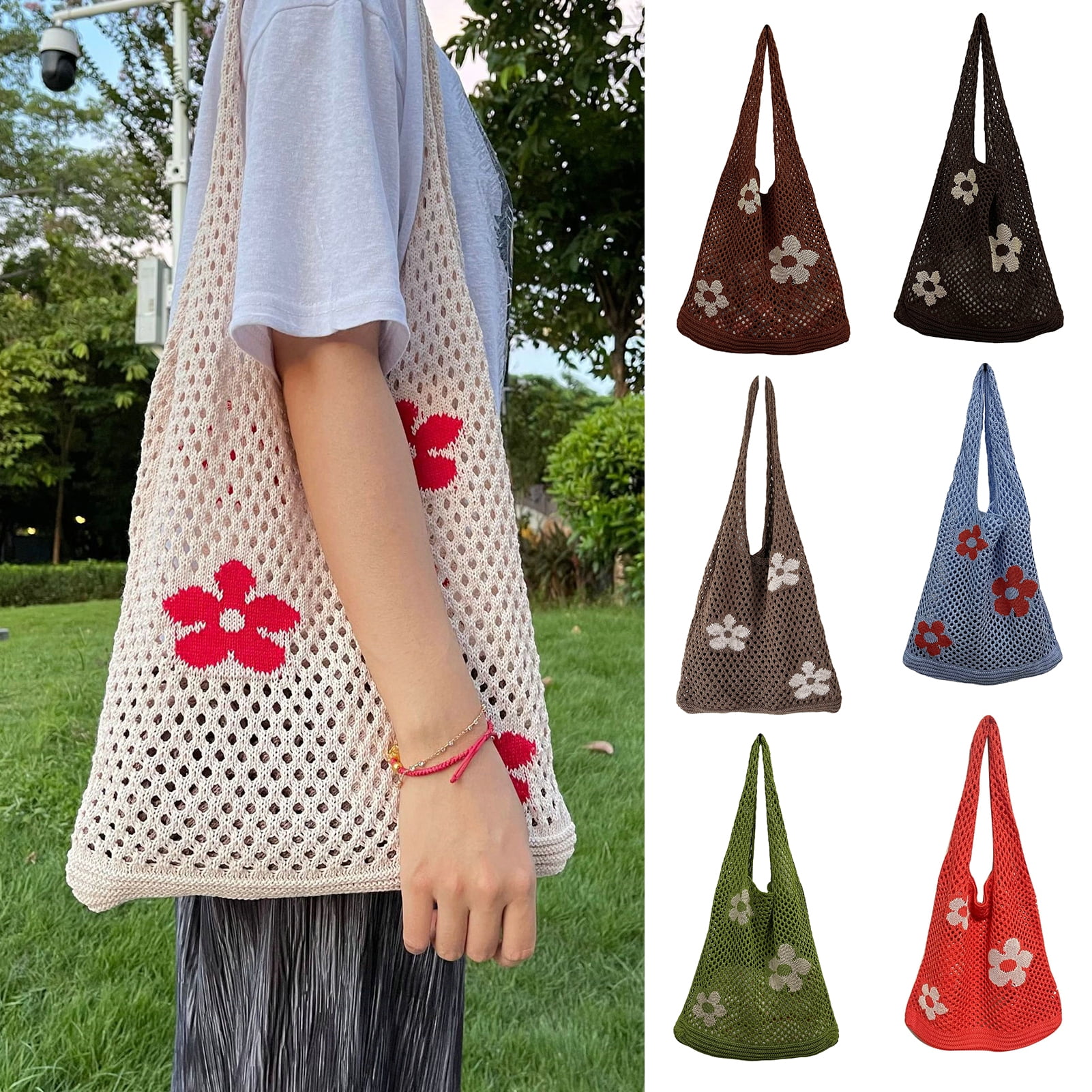 ruhuadgb Women Shoulder Bag Flower Pattern Crochet Large Capacity Japan Korean Style Hollow Out