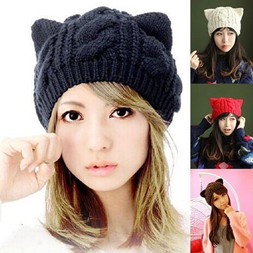 ruhuadgb Women's Winter Fashion Lovely Cat Ear Crochet Knitted Ski Woolen Cap Beanie Hat