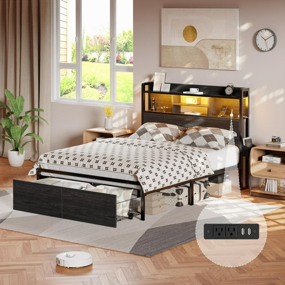 Dyzmo Full Size LED Light Bed Frame with Storage Shelf and USB Ports, Full Bed with Drawers and RGB LED Lights