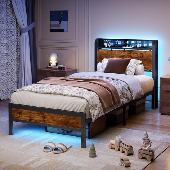 Dyzmo LED Bed Frame Twin Size with 2 USB Ports and Outlets, Platform Metal Bed Frame, No Box Spring Needed, Noise-Free