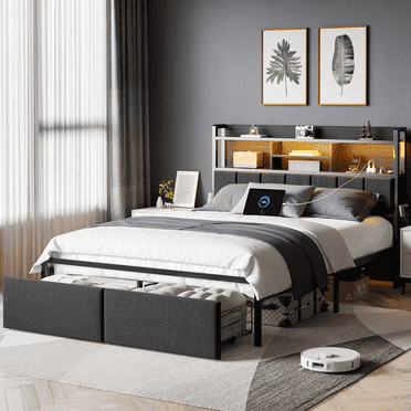 Dyzmo Queen Size Bed Frame with 45.1" High LED Storage Headboard Shelf, Metal Bed Platform, Black
