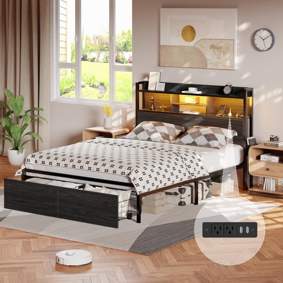 Dyzmo Queen Size LED Light Bed Frame with Storage Shelf and USB Ports, Queen Bed with Drawers and RGB LED Lights
