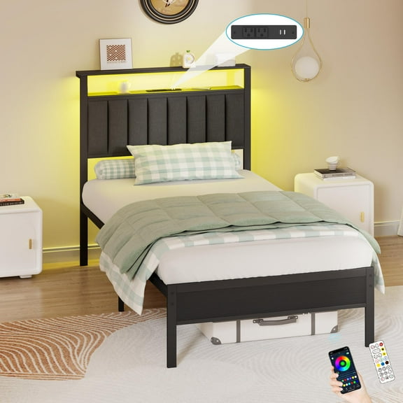 Dyzmo Twin LED Bed Frame with Smart RGB Lights, Headboard Charging Station, Versatile Storage Solution, Comfortable Upholstered Backrest, No Box Spring Needed