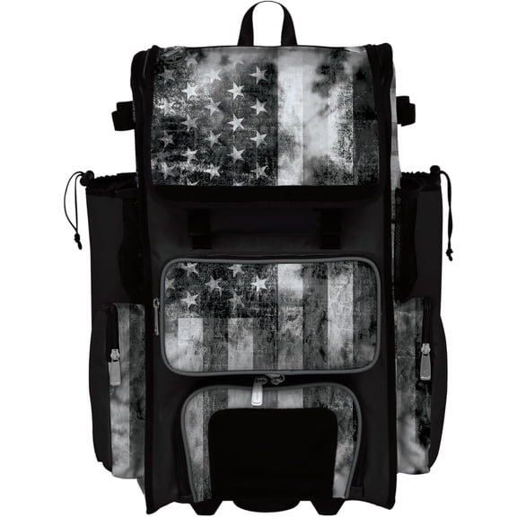 ruke Rolling Superpack Baseball/Softball Gear Bag - Telescopic Handle - Holds 4 Bats - Wheeled Version - USA Old Glory Black Ops