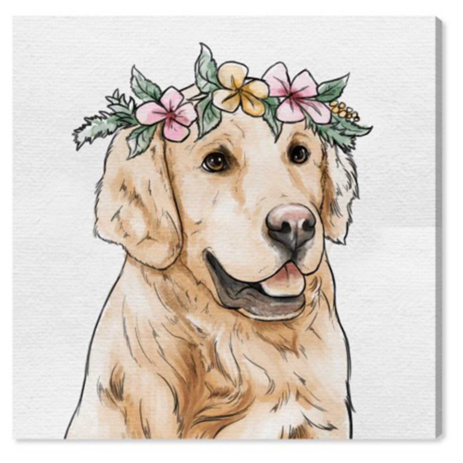 Golden Retriever Dog with Floral Crown Art Print – Funny Decoration Gift –  Cute Room Decor – Poster Wall Tapestry by Mia Charro