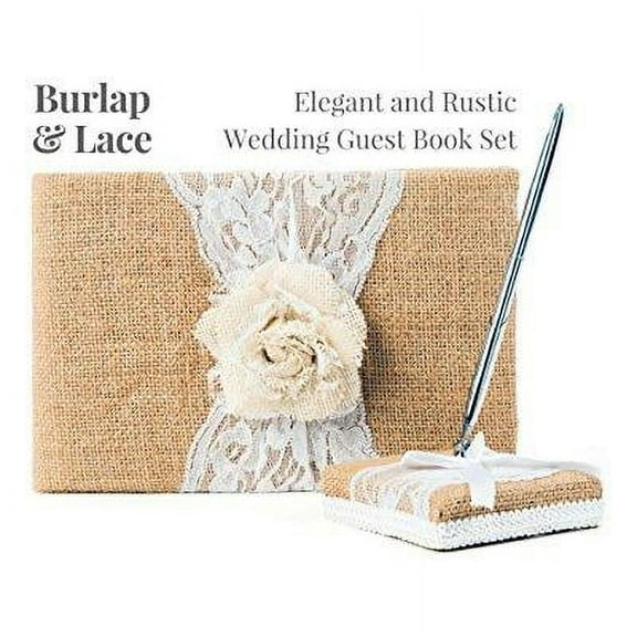 rustic wedding guest book made of burlap and lace - includes burlap pen holder and silver pen - 120 lined pages for guest thoughts - comes in gift box (white rose)