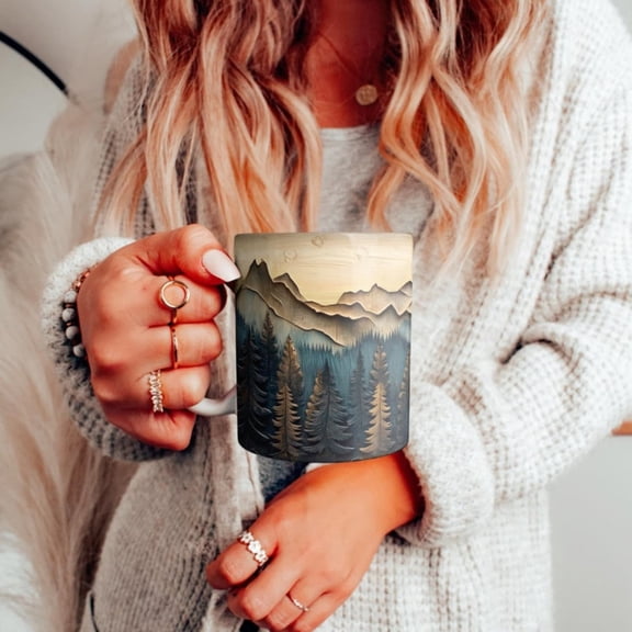 rved Wood Style Mountain Range Ceramic Mug, Beautiful Mountain Landspe Coffee Cup, Faux Layered Wood Art Mug, Rustic mping bin Gift.