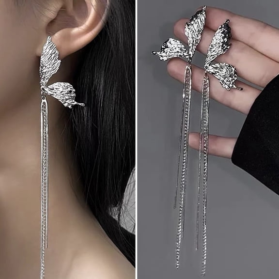 rygai 1 Pair Dangle Earrings Eye-catching Fine Workmanship Geometric Electroplating Temperament Decoration High-grade Butterfly Rhinestone Tassel Earrings Fashion Jewelry,Silver