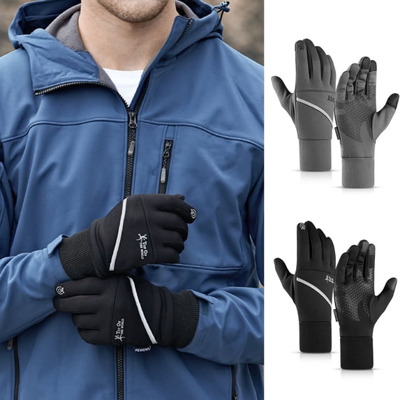 rygai 1 Pair Plush Lining Ribbed Cuffs Reflective Strip Men Gloves with Storage Bag Winter Windproof Touch Screen Non-slip Sports Cycling Gloves,Gray XL