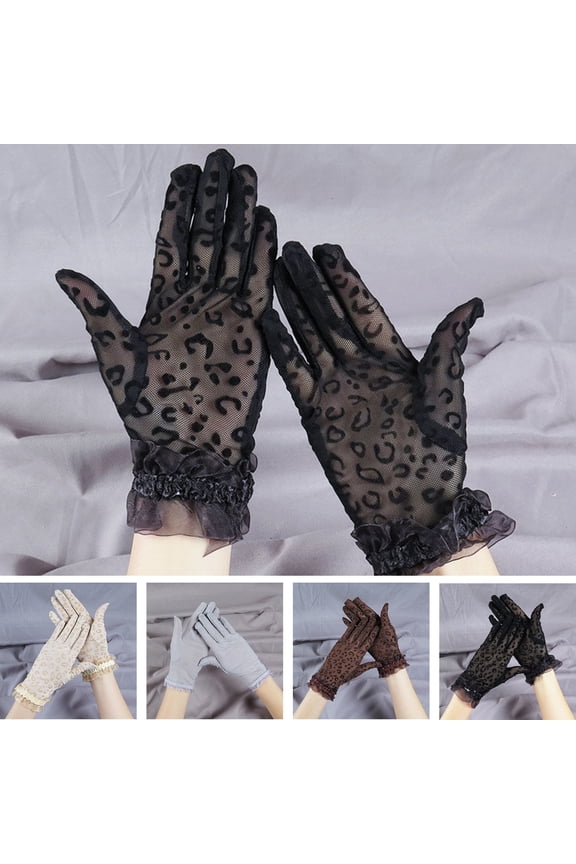 1 Pair Wedding Gloves See-through Thin Lace Leopard Print Hollow Out Decorate Shirring Vintage Breathable Prom Gloves for Dating,Black
