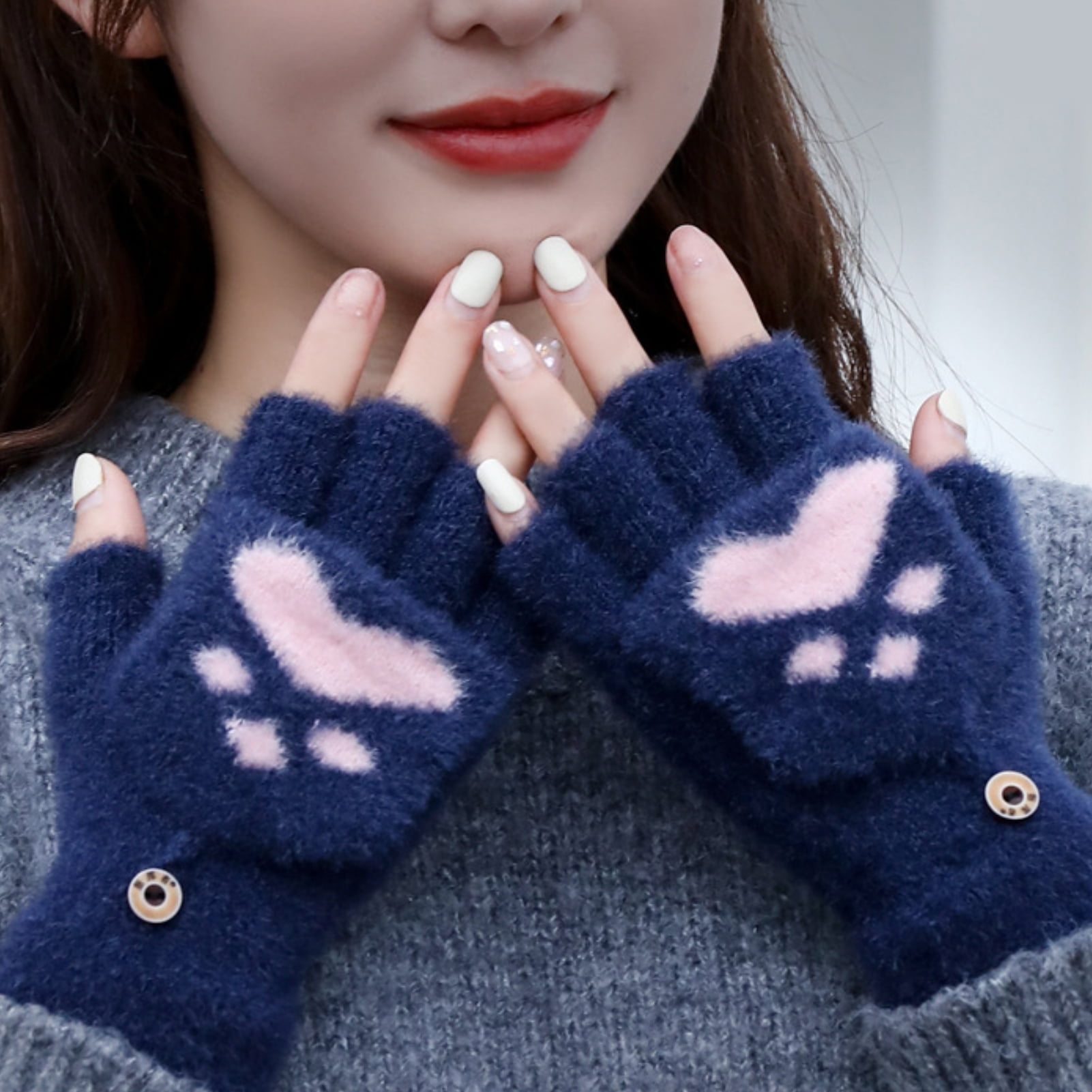 rygai 1 Pair Women Gloves Cartoon Cat Claw Half Finger Flip Fluffy Stretchy  Keep Warm Super Soft Autumn Winter Women Knitted Writing Mittens for  Outdoor,Gray One Size 