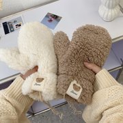 rygai 1 Pair Women Mittens Plush Fuzzy Full Finger Hanging Neck Rope Cartoon Bear Label Keep Warm Super Soft Autumn Winter Girls Gloves for Going Out,Beige One Size