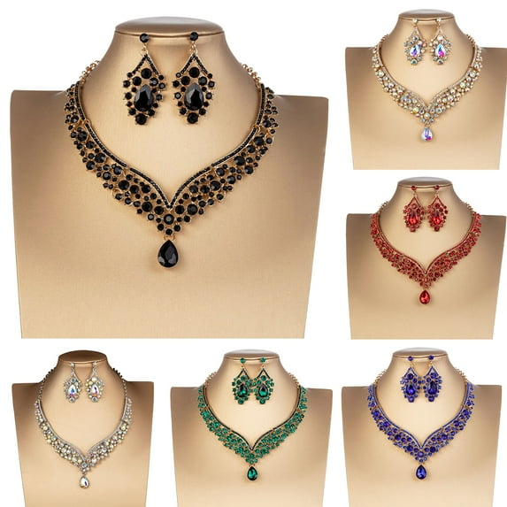 rygai 1 Set Bridal Earrings Necklace Water Drop-shaped Rhinestones Jewelry Geometric Adjustable Jewelry Set for Wedding,Blue