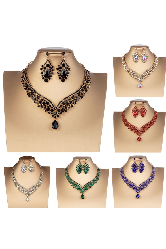 1 Set Bridal Earrings Necklace Water Drop-shaped Rhinestones Jewelry Geometric Adjustable Jewelry Set for Wedding,Golden