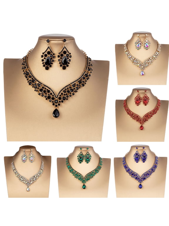1 Set Bridal Earrings Necklace Water Drop-shaped Rhinestones Jewelry Geometric Adjustable Jewelry Set for Wedding,Red