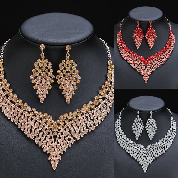 rygai 1 Set Bride Ear Studs Temperament Vivid Color Geometric Flower Exquisite Workmanship Retro Decor Dress Up Glitter Heavy Dinner Women Jewelry Necklace Wedding Gift,Red