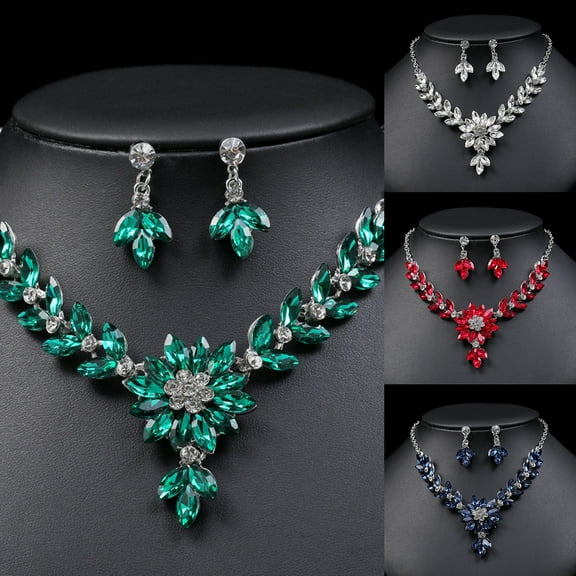 rygai 1 Set Dangle Earrings Vintage Faux Crystal Exquisite Workmanship Contrast Color Geometric Decoration Gorgeous Rhinestone Evening Party Necklace Set Jewelry Accessory,Blue