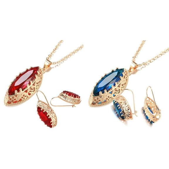 rygai 1 Set Necklace Earrings Set Vintage Elegant Hollow Oval Pendant Adjustable Bright Luster Decorative Gift Bride Faux Gemstone Dangle Necklace Earrings Set for Party,Red