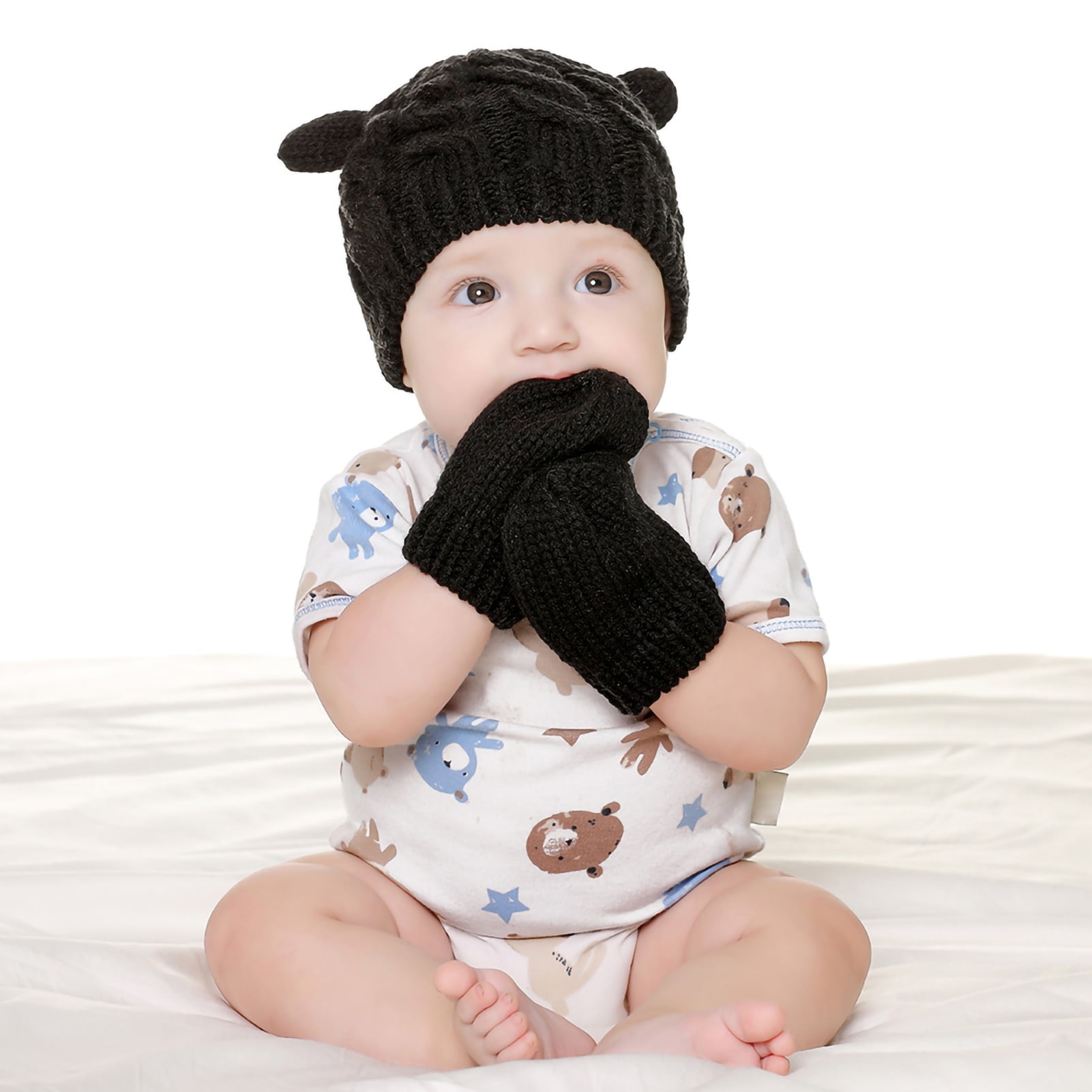 rygai 1 Set Unisex Baby Hat Gloves Casual Knitted Infant Newborn Hat Mittens for Daily Wear