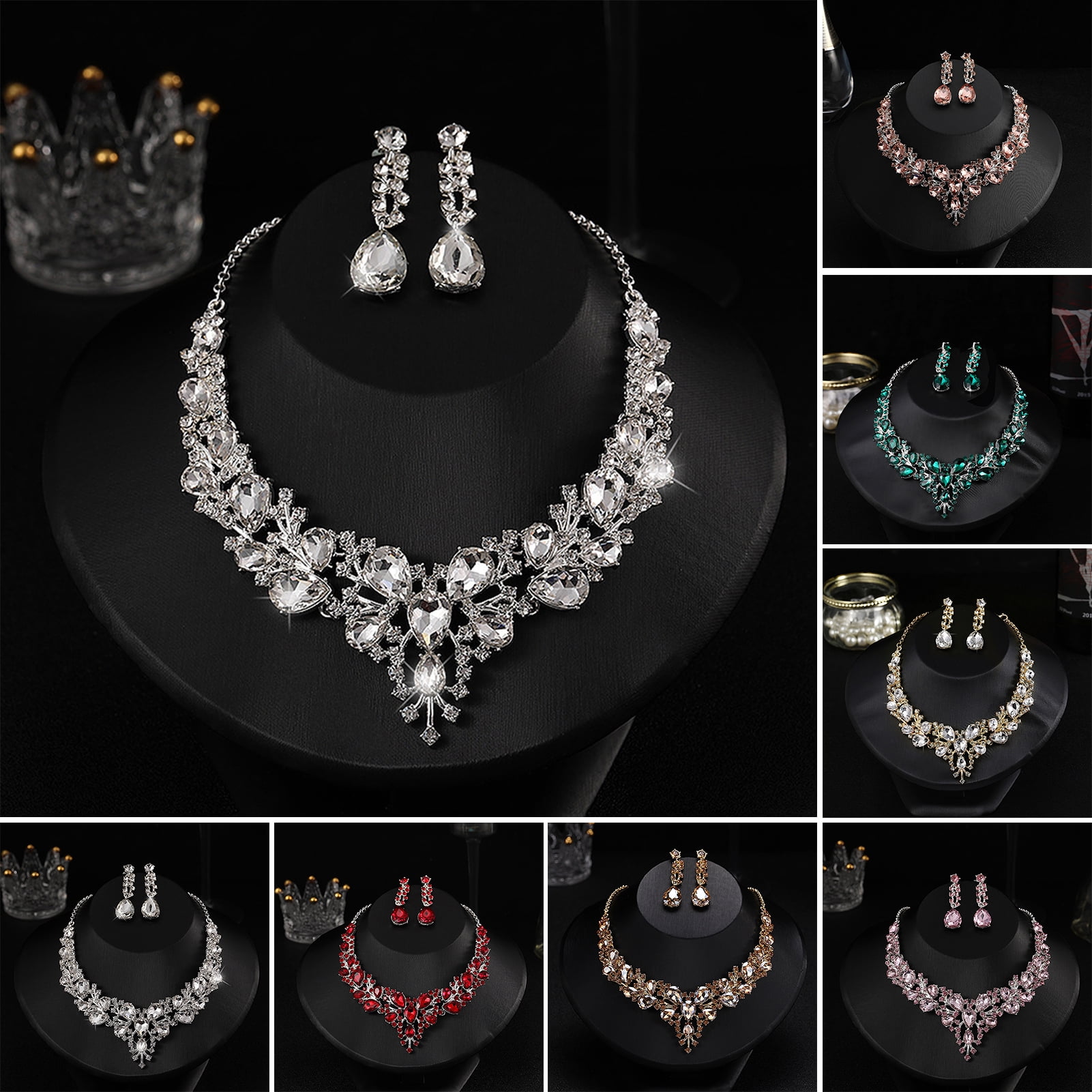 Multicolor Crystal Rhinestone Wedding Jewelry Set - V-Shape Choker Necklace & Earrings For Bride/Bridal