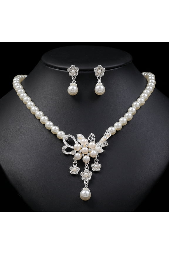 1 Set Women Necklace Beaded Glossy Faux Pearls Rhinestone Embedded Flower Bride Necklace Stud Earrings Kit Wedding Jewelry,Golden