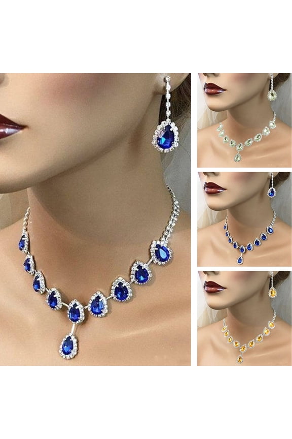1 Set Women Necklace Earrings Water Drop-shaped Rhinestone Jewelry Sparkling Bright Luster Jewelry Set for Prom,Blue