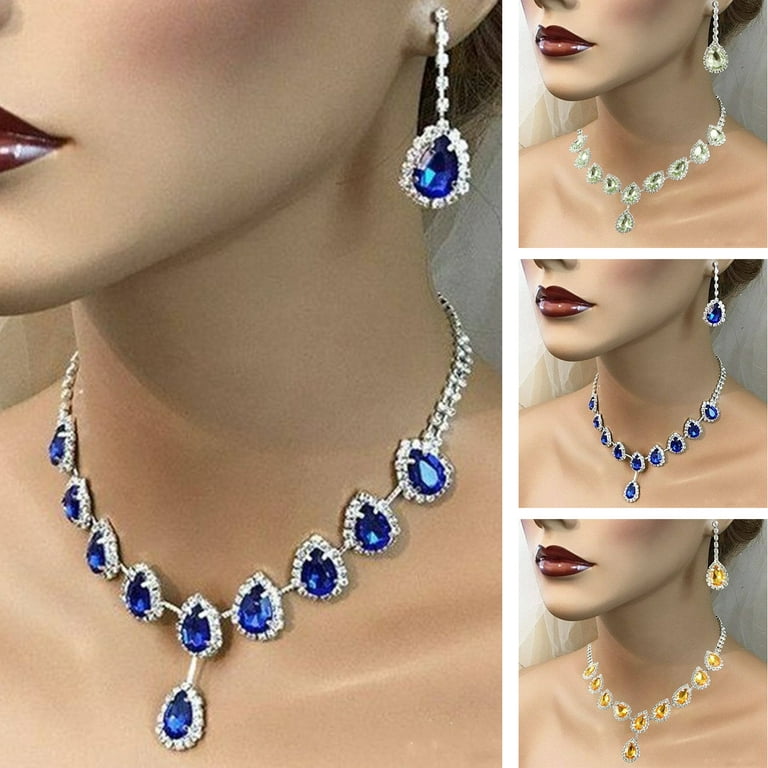 rygai 1 Set Women Necklace Earrings Water Drop-shaped Rhinestone Jewelry  Sparkling Bright Luster Jewelry Set for Prom,Blue