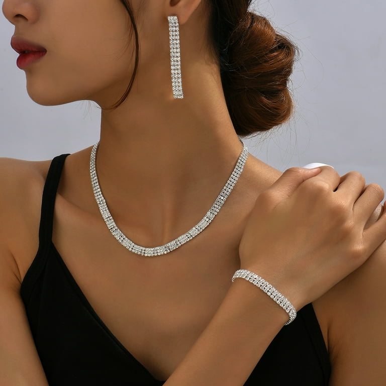 rygai 1 Set Women Necklace Elegant Gorgeous Luxury Adjustable Sparkling  Rhinestone Dangle Earrings Bracelet Kit Fashion Jewelry,White