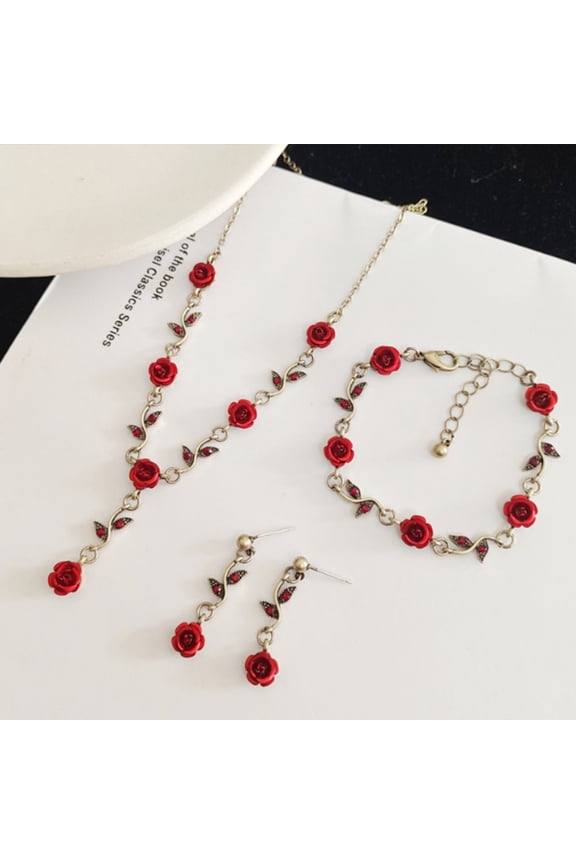 1 Set Women Rose Necklace French Style Retro Elegant Golden Chain Fairy Gift Adjustable Red Flower Bracelet Stud Earrings Kit Jewelry Accessories,Golden