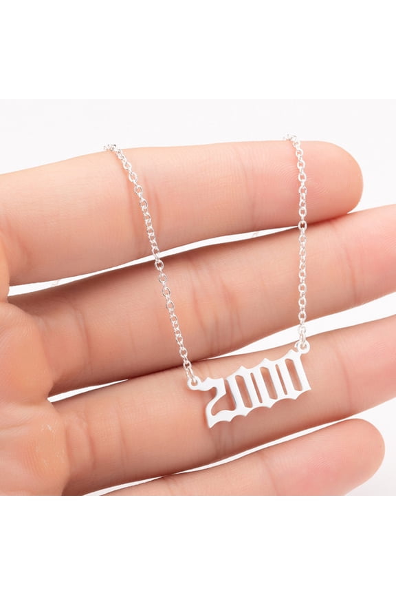 1980-2019 Birth Year Number Charm Pendant Stainless Steel Chain Necklace Jewelry-Silver 2000*
