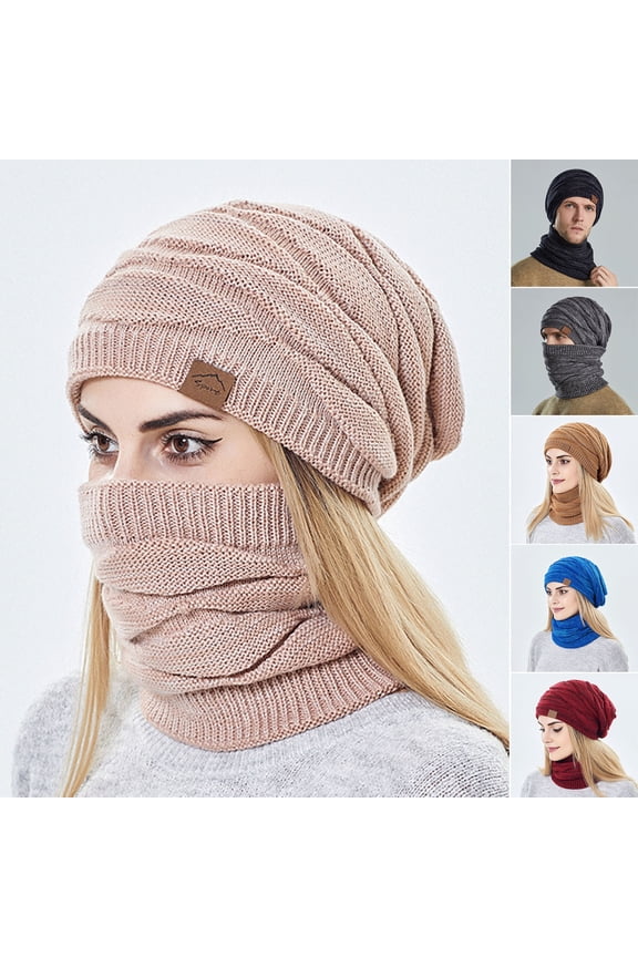 2Pcs/Set Adults Neck Warmer Hat Thickened Stretchy Thermal Windproof Super Soft Autumn Winter Men Women Woolen Yarn Scarf Hat Kit for Shopping Black