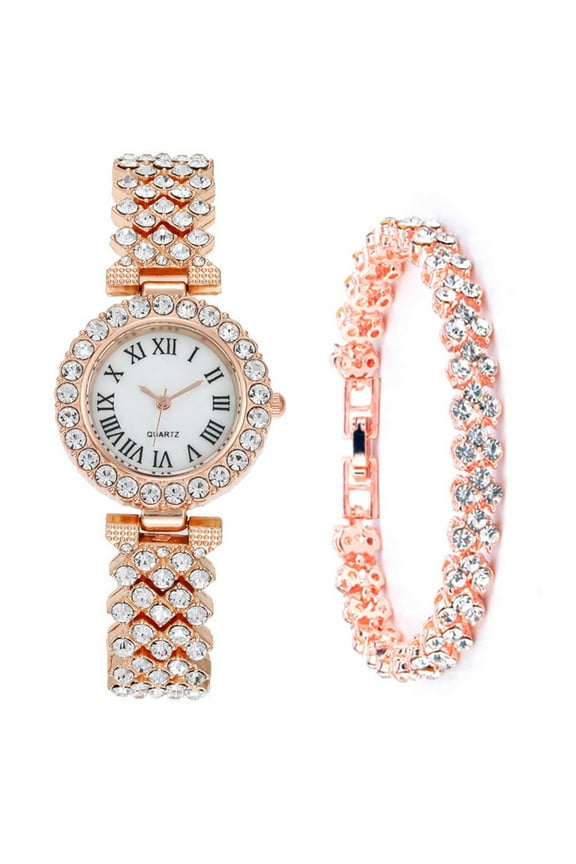 2Pcs/Set Women Watch Bracelet Kit Round Dial Shiny Rhinestones Inlaid Roman Numerals Pointer Display Accurate Decorative Gift Lady Quartz Wristwatch Bangle Jewelry Fashion Accessories,Rose Gold