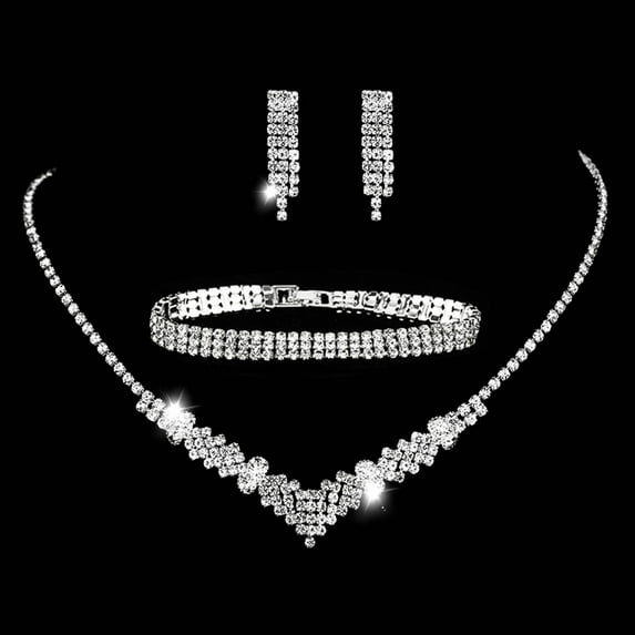 rygai 4Pcs/Set Jewelry Set High Gloss Eye-catching Electroplating Exquisite Craftsmanship Luxury Dress Up Female Shining Rhinestone Earrings Bracelet Necklace Set Jewelry Gift,Silver