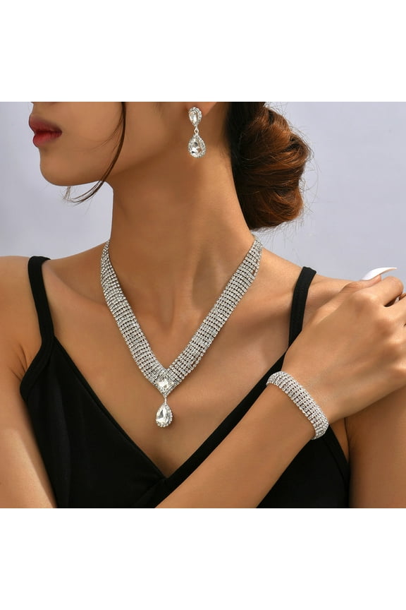 4Pcs/Set Women Necklace Set High Gloss Dress Up Hypoallergenic Rhinestone Shining Bright Luster Jewelry Set Jewelry Gift,White