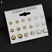 rygai 9 Pairs Women Rhinestone Faux Pearl Ear Stud Earrings Set Jewelry Gift-Gold