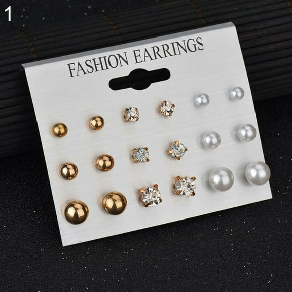 rygai 9 Pairs Women Rhinestone Faux Pearl Ear Stud Earrings Set Jewelry Gift-Gold
