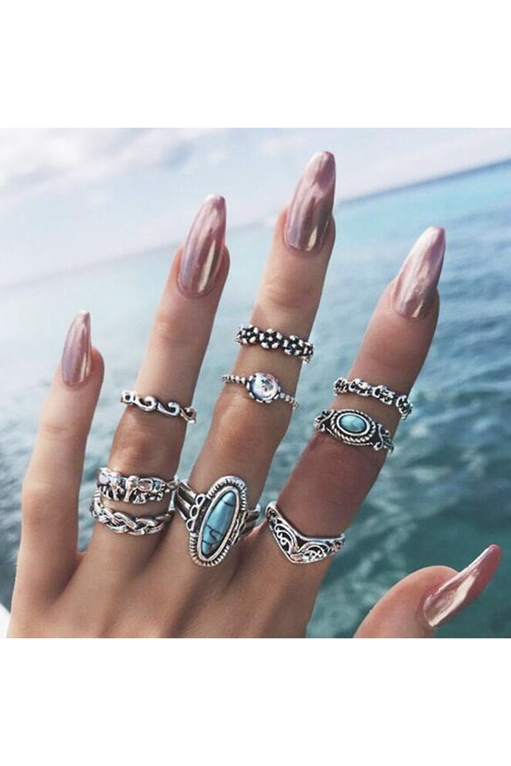 9Pcs/Set Boho Stack Elephant Flower Faux Turquoise Midi Finger Rings