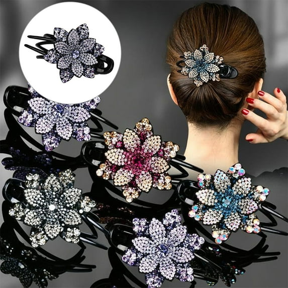 rygai Anti-slip Tooth Temperament Exquisite Hair Clip Shining Rhinestone Elegant Flower Decor Hairpin Hair Accessories,Pink