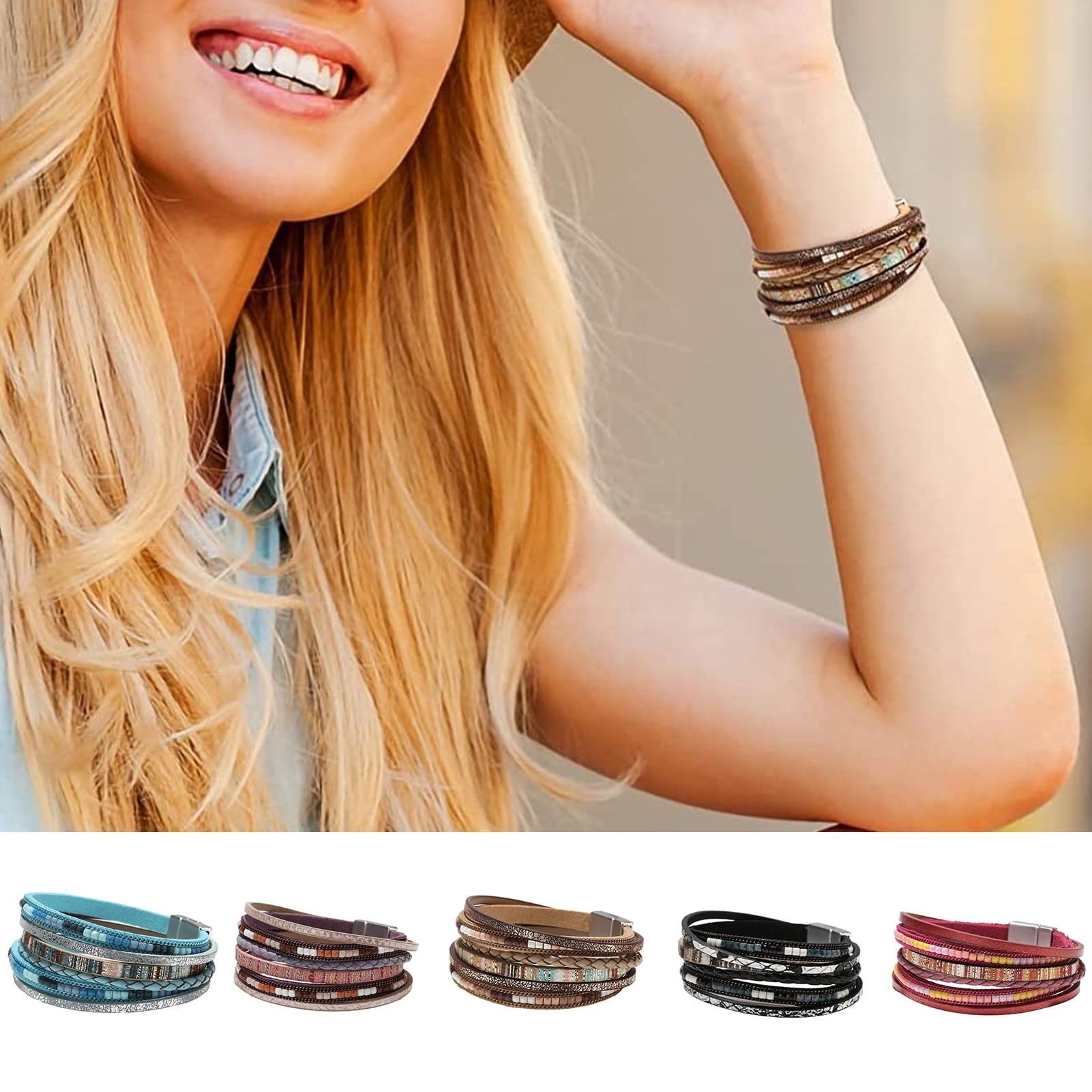 KELITCH 3-Wrap Beaded Bracelet - Blue Crystal & Hematite, Adjustable Leather Cord, Handmade