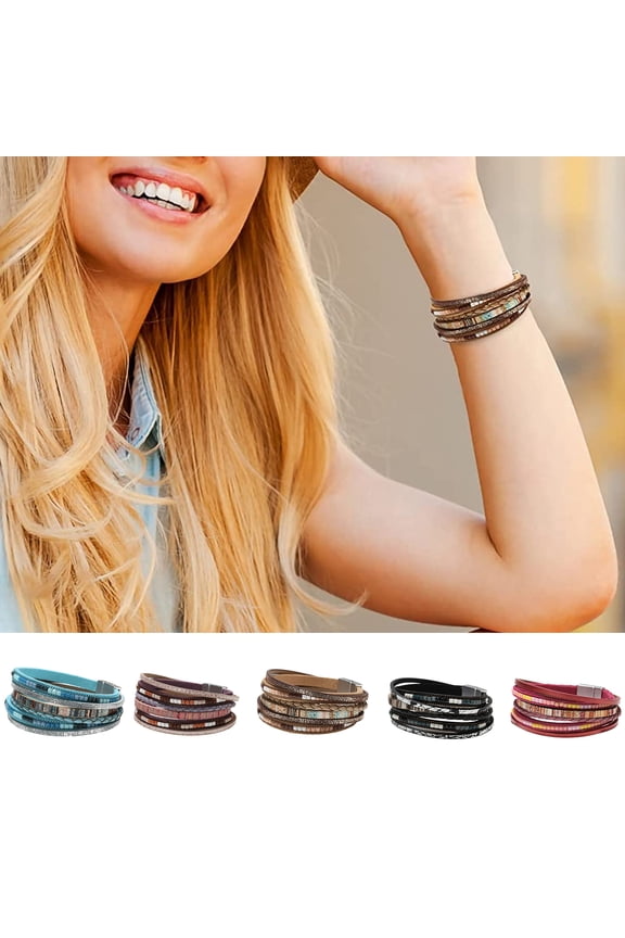 Bohemia Multi-layer Women Bracelet Faux Leather Ethnic Boho Style Handmade Girls Cuff Bracelet Fashion Jewelry,Khaki