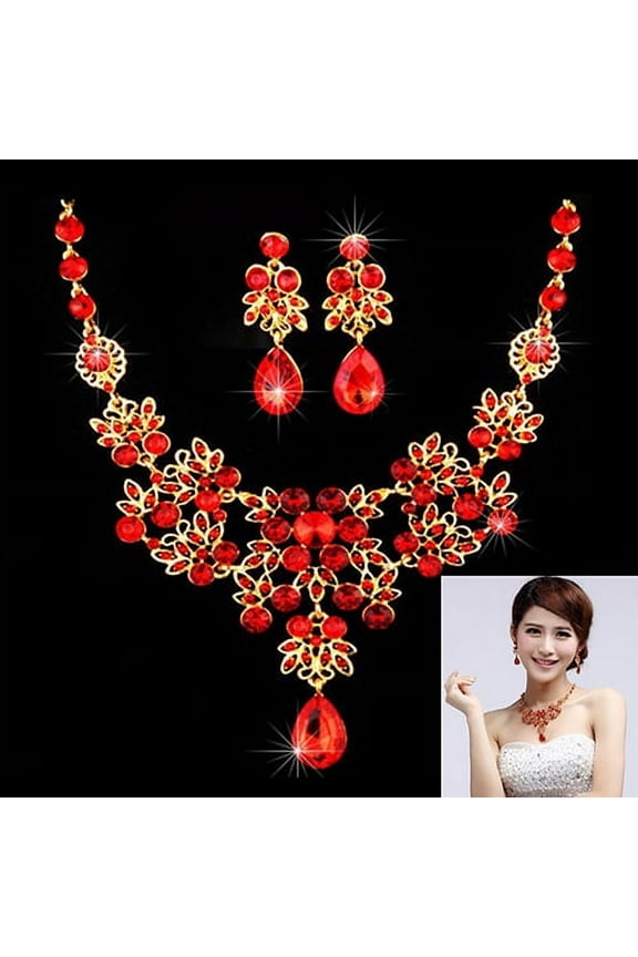 Bridal Wedding Party Red Golden Color Alloy Pendant Necklace Earrings Set,Red