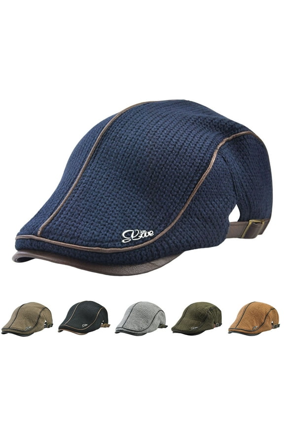 British Style Adjustable Buckle Thickened Fleece Lining Beret Hat Winter Flat Peaked Mid-aged Men Knitting Forward Hat Costume Accessories,Black