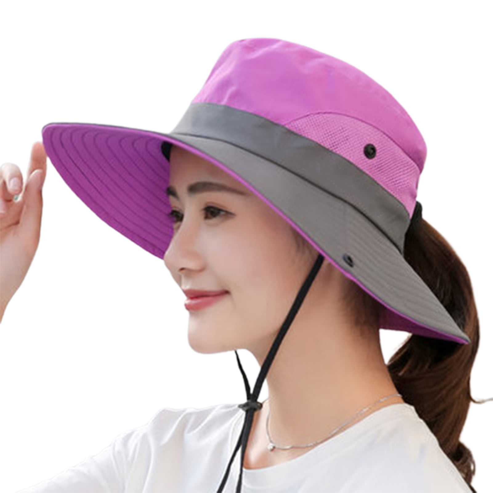 rygai Bucket Hat Casual Chinstrap Wide Brim Women Summer Ponytail Cap for Climbing