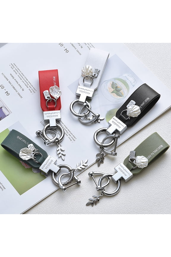 Car Key Chain Leaf Shell Decor Exquisite Wide Strap Smooth Car Keys Storage Faux Leather Luxury Car Key Ring Holiday Gift,B Blue